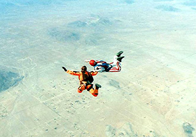 Author John Bull pins Mike on his 2000th jump.